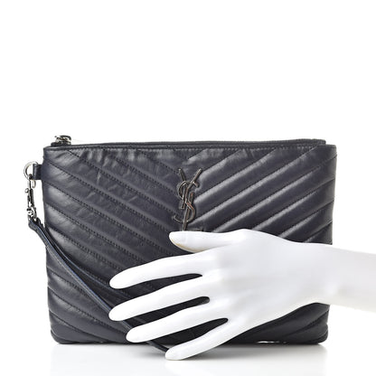 Saint Laurent Calfskin Matelasse Chevron Monogram A5 Wristlet Deep Marine 2 of 8