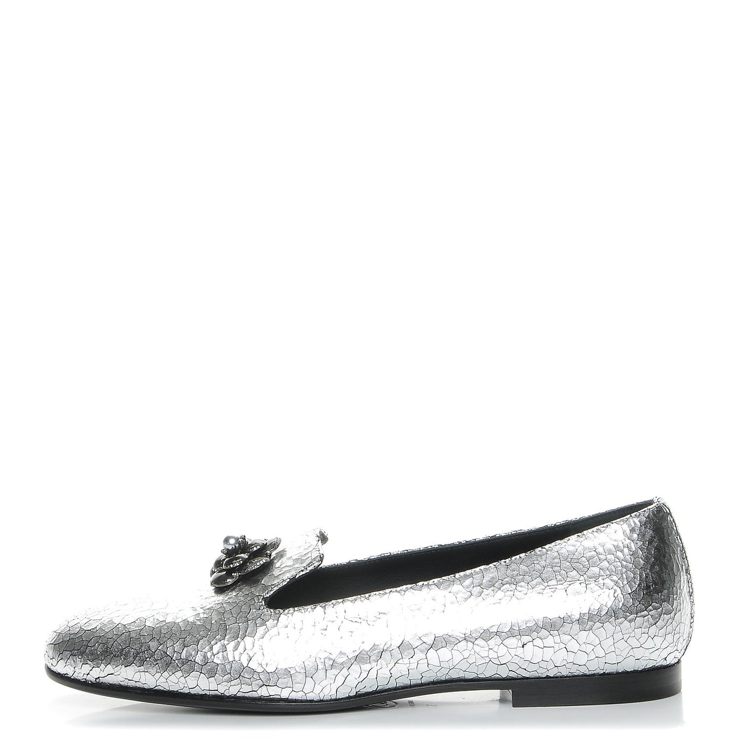 Metallic Crackled Calfskin Camellia Mocassin Loafers 37 Silver