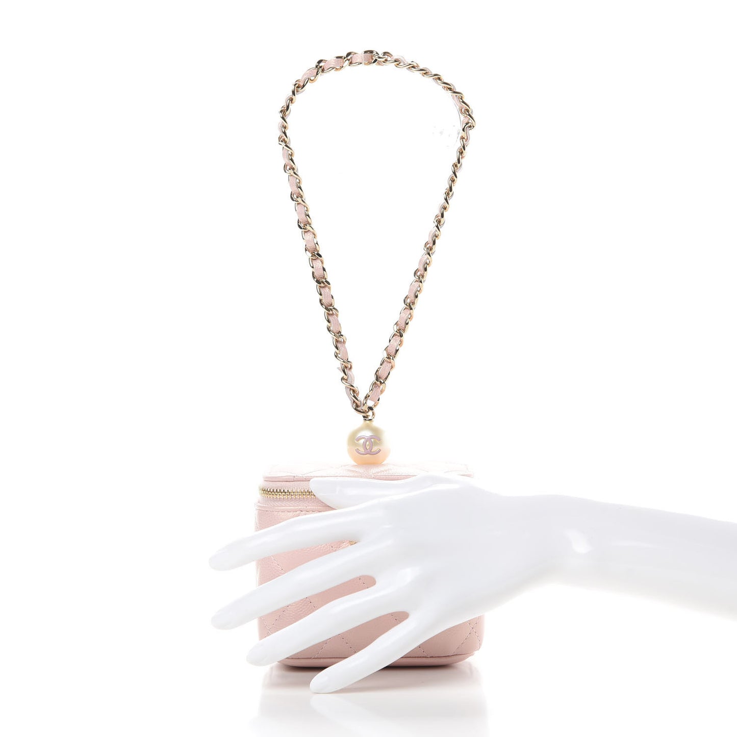 Iridescent Caviar Quilted Mini Pearl On Top Vanity Case With Chain Light Pink