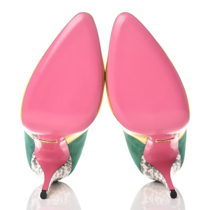 Gucci Metallic Nappa Kid Scamosciato Elaphe Snakeskin Peachy Pumps 38.5 Oro Emerald Roccia 5 of 9