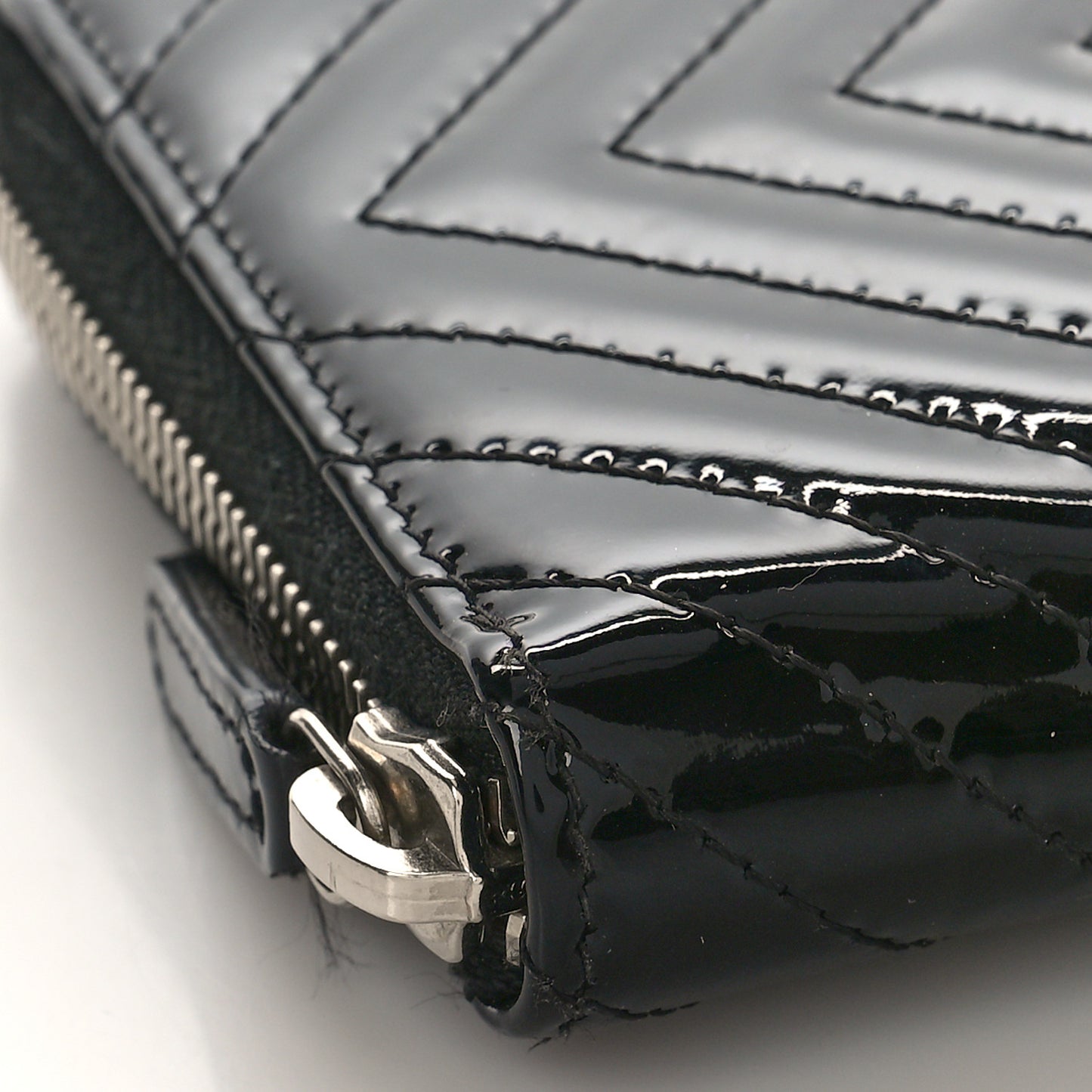 Patent Chevron Quilted CC Zip Around Wallet Black