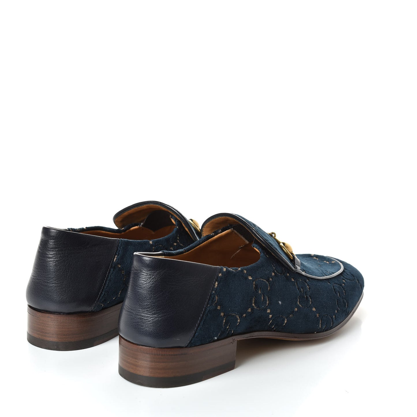 Velvet GG Monogram Goatskin Mens Horsebit Loafers 8 Blue Beige