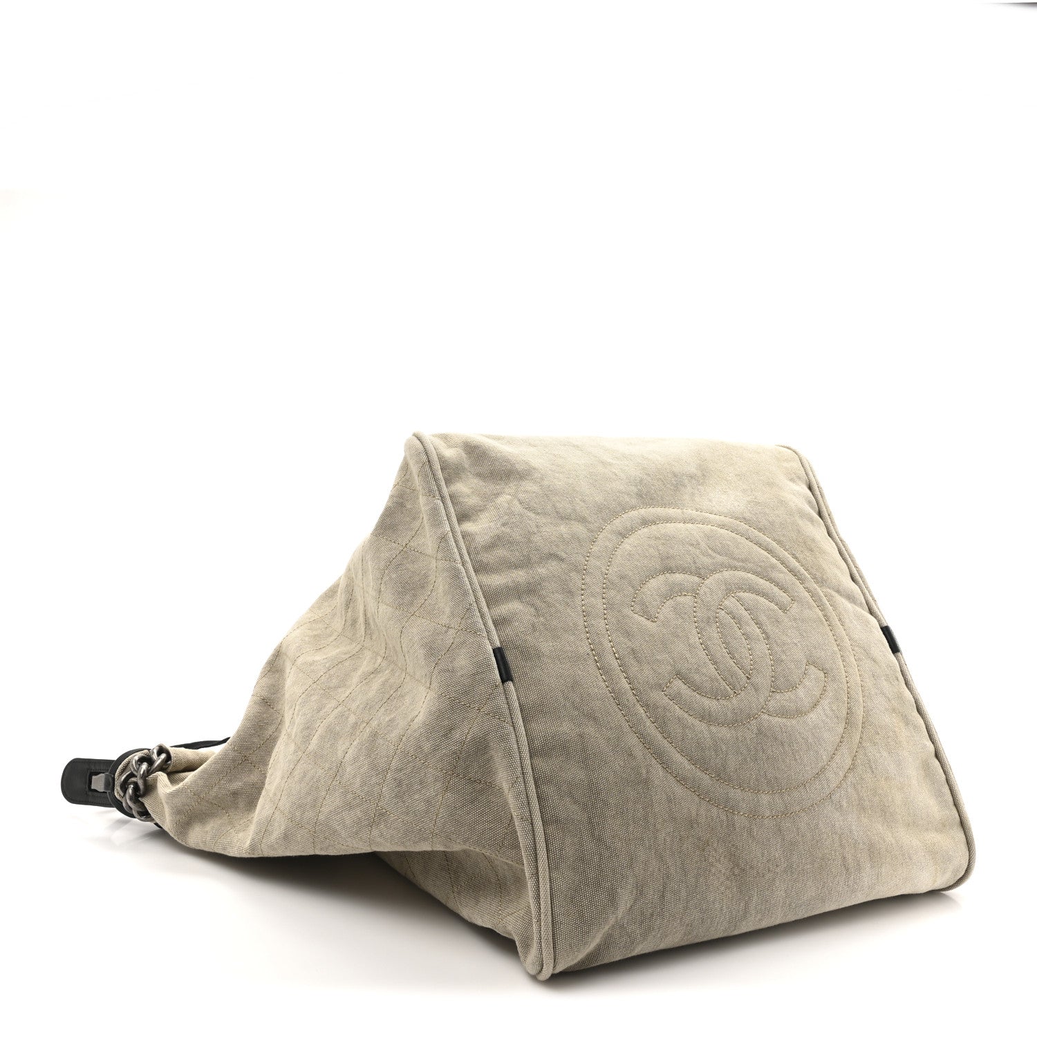 Chanel Washed Toile Calfskin Quilted Large Street Style Travel Bag Beige Black 4 of 12