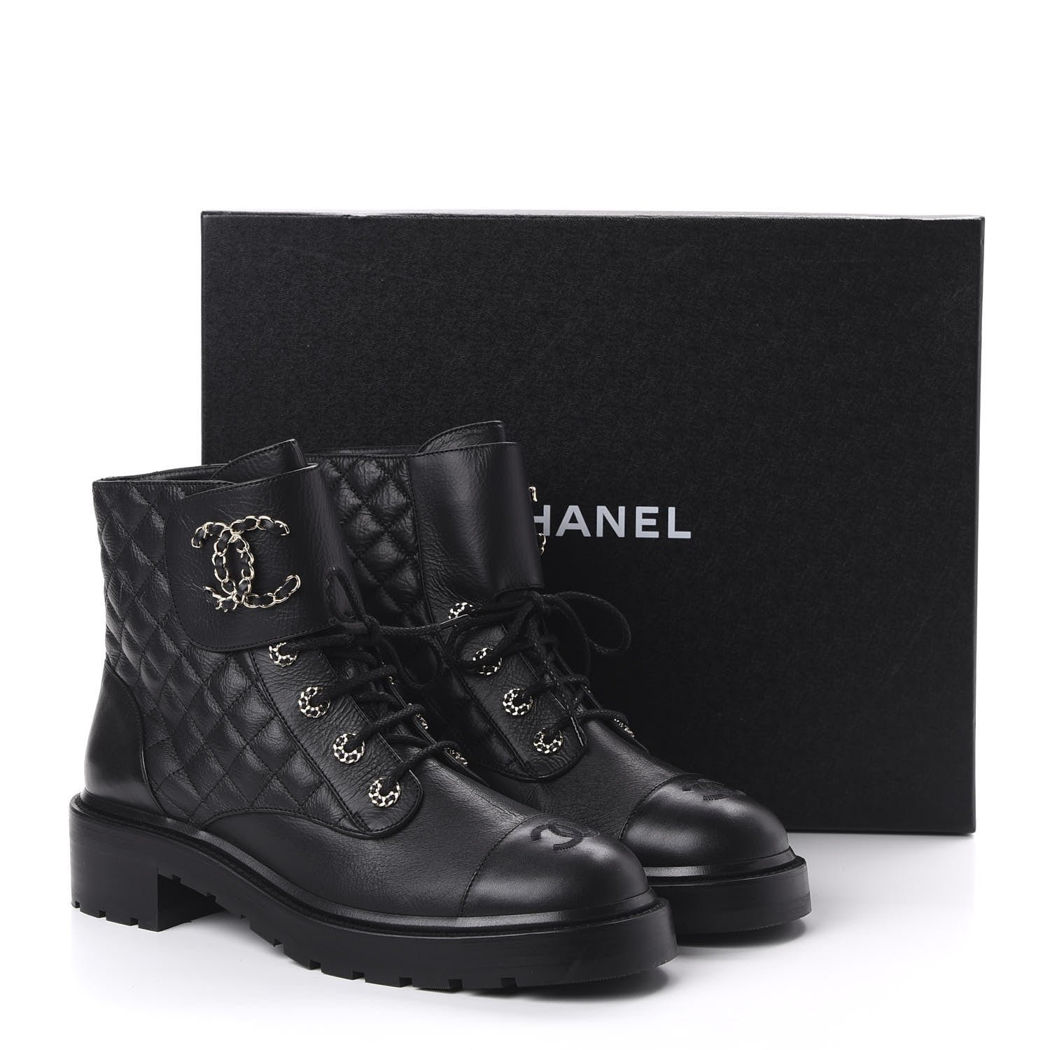 Chanel Shiny Goatskin Calfskin Quilted Lace Up Combat Boots 42 Black 9 of 9