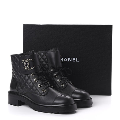 Chanel Shiny Goatskin Calfskin Quilted Lace Up Combat Boots 42 Black 9 of 9