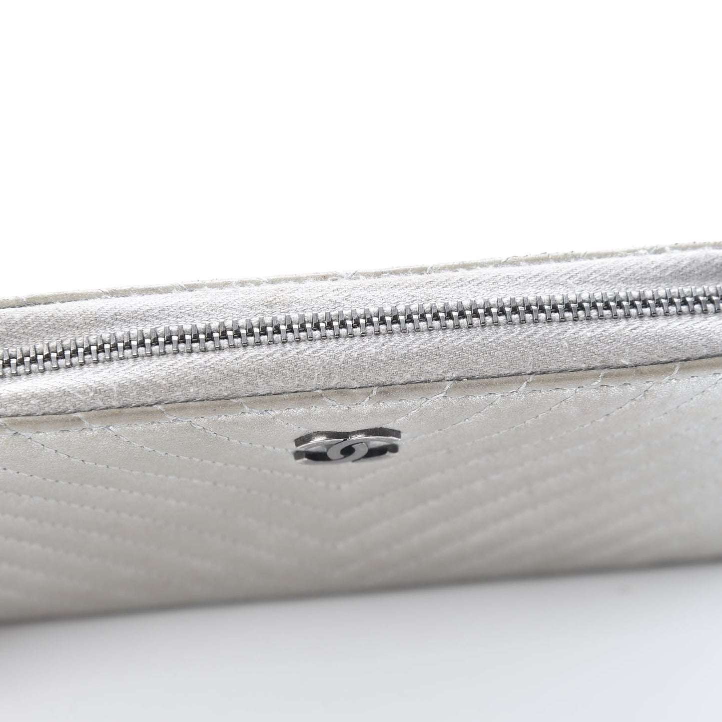 Metallic Lambskin Chevron Quilted Small Zip Around Wallet Silver