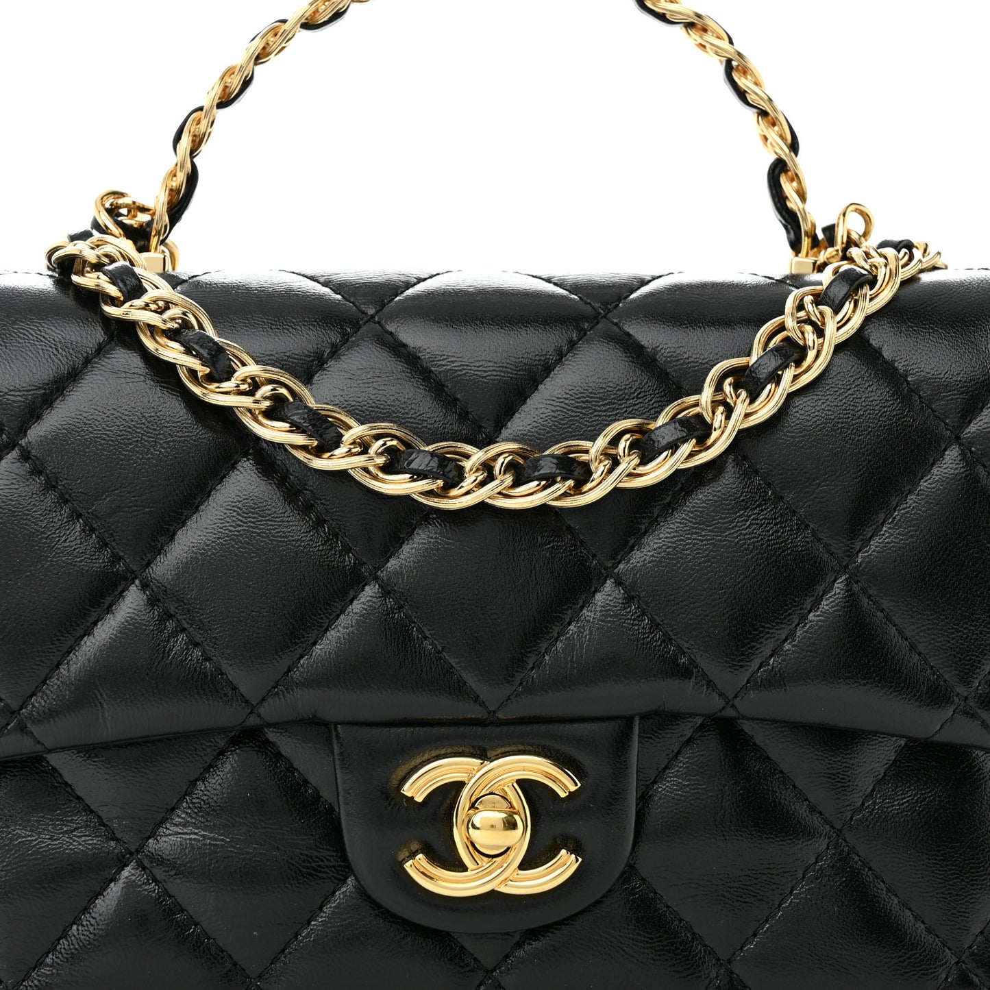 Shiny Lambskin Quilted Golden Links Top Handle Flap Black