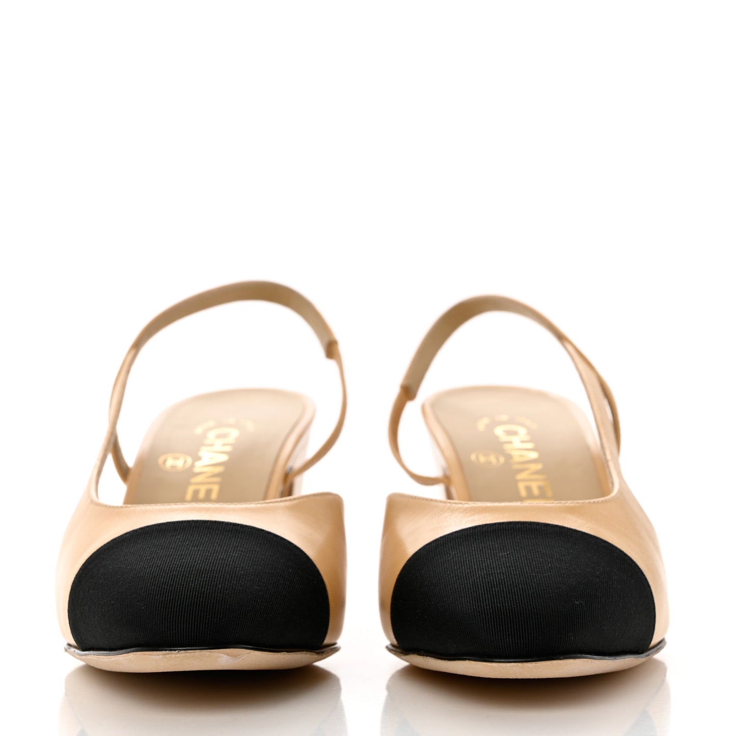 Goatskin Grosgrain Cap Toe CC Slingback Pumps 38 Beige Black