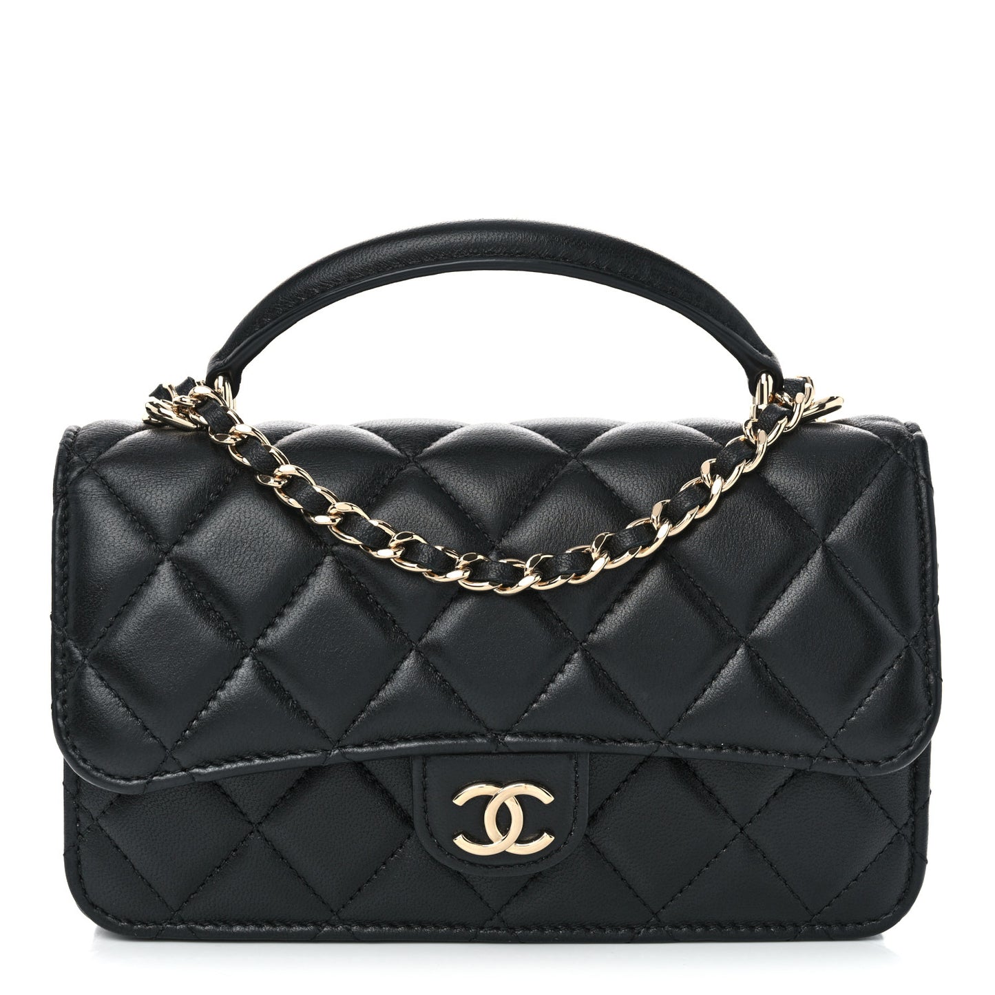 Lambskin Quilted Flap Phone Holder With Chain Black