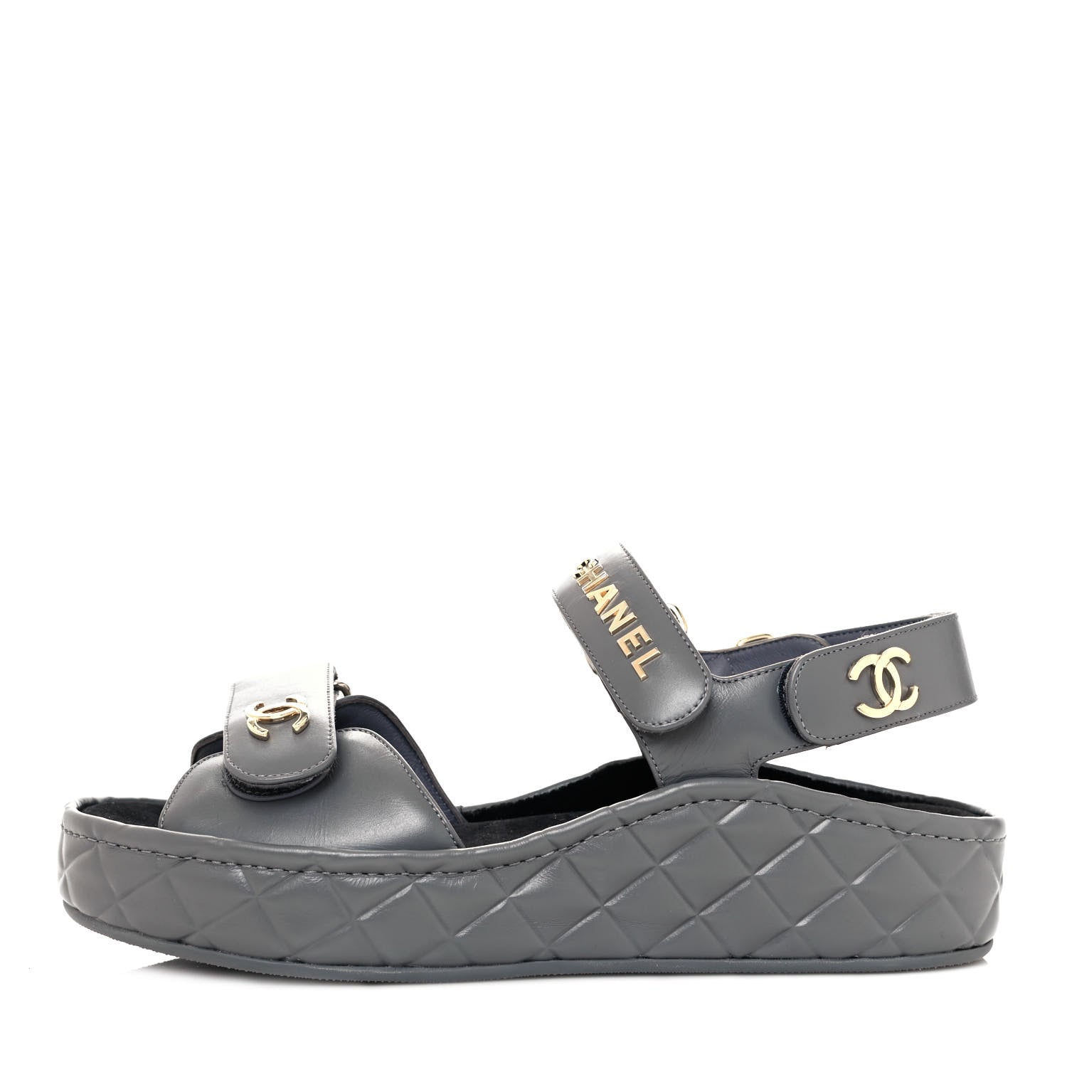 Chanel Shiny Calfskin Logo Platform Sandals 38 Grey 1 of 11