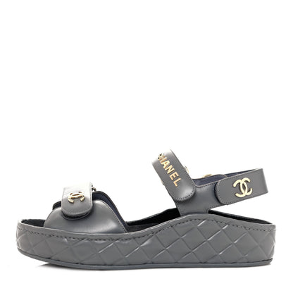Chanel Shiny Calfskin Logo Platform Sandals 38 Grey 1 of 11