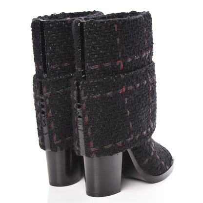 Chanel Tweed Patent CC Cap Toe Fold Over Boots 38 Black 4 of 9