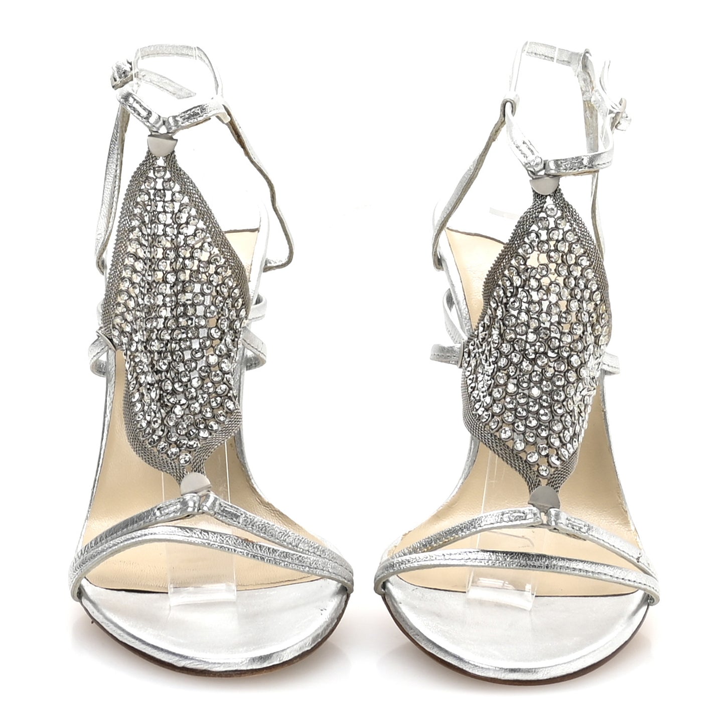 Metallic Nappa Mesh Crystal Sandals 36.5 Silver