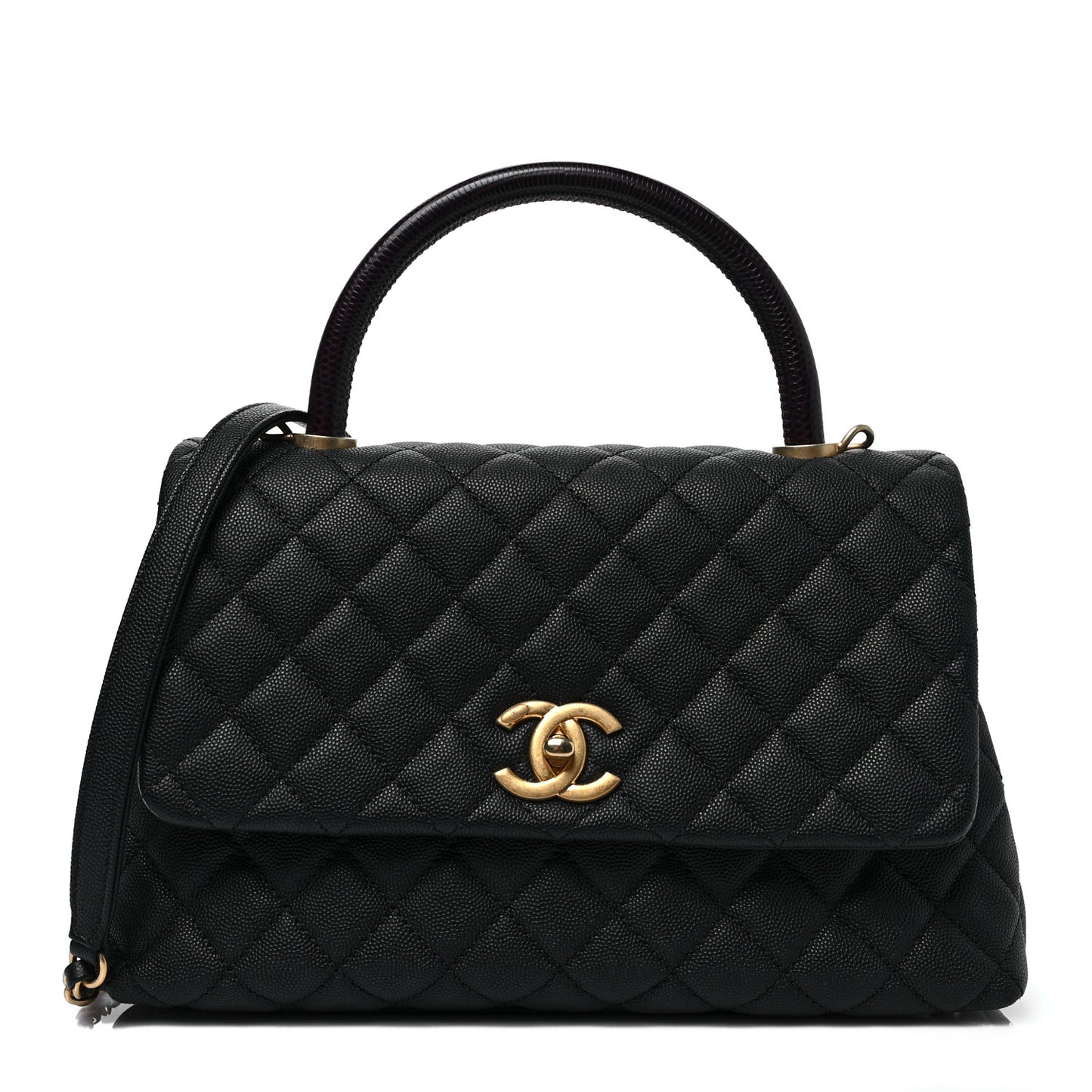 Caviar Lizard Embossed Quilted Small Coco Handle Flap Black