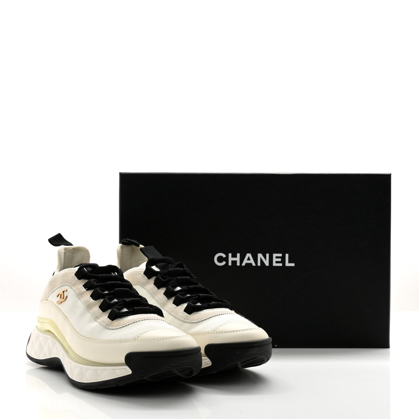 Velvet Calfskin Mixed Fibers CC Sneakers 38.5 Ivory Black