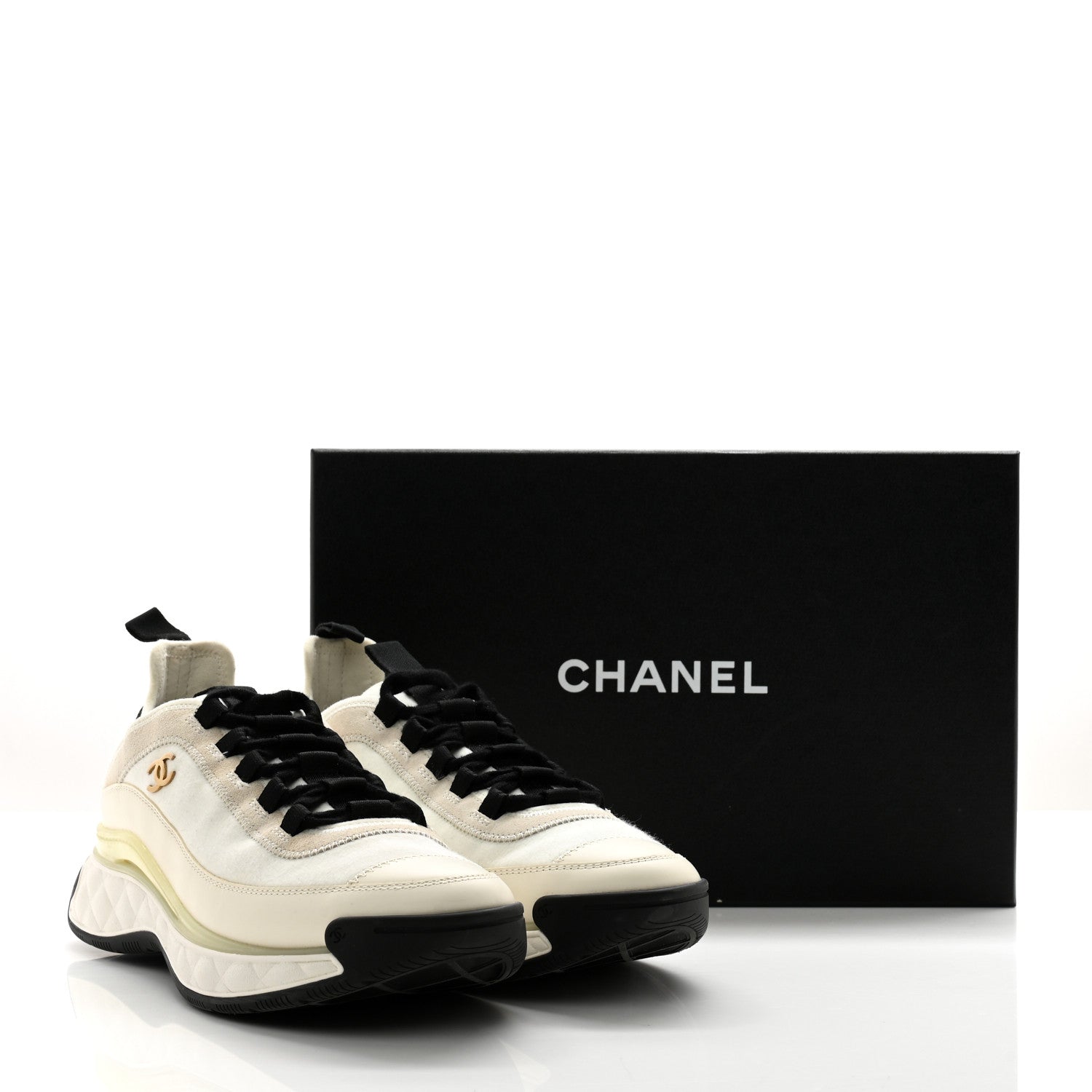 Chanel Velvet Calfskin Mixed Fibers CC Sneakers 38.5 Ivory Black 13 of 13