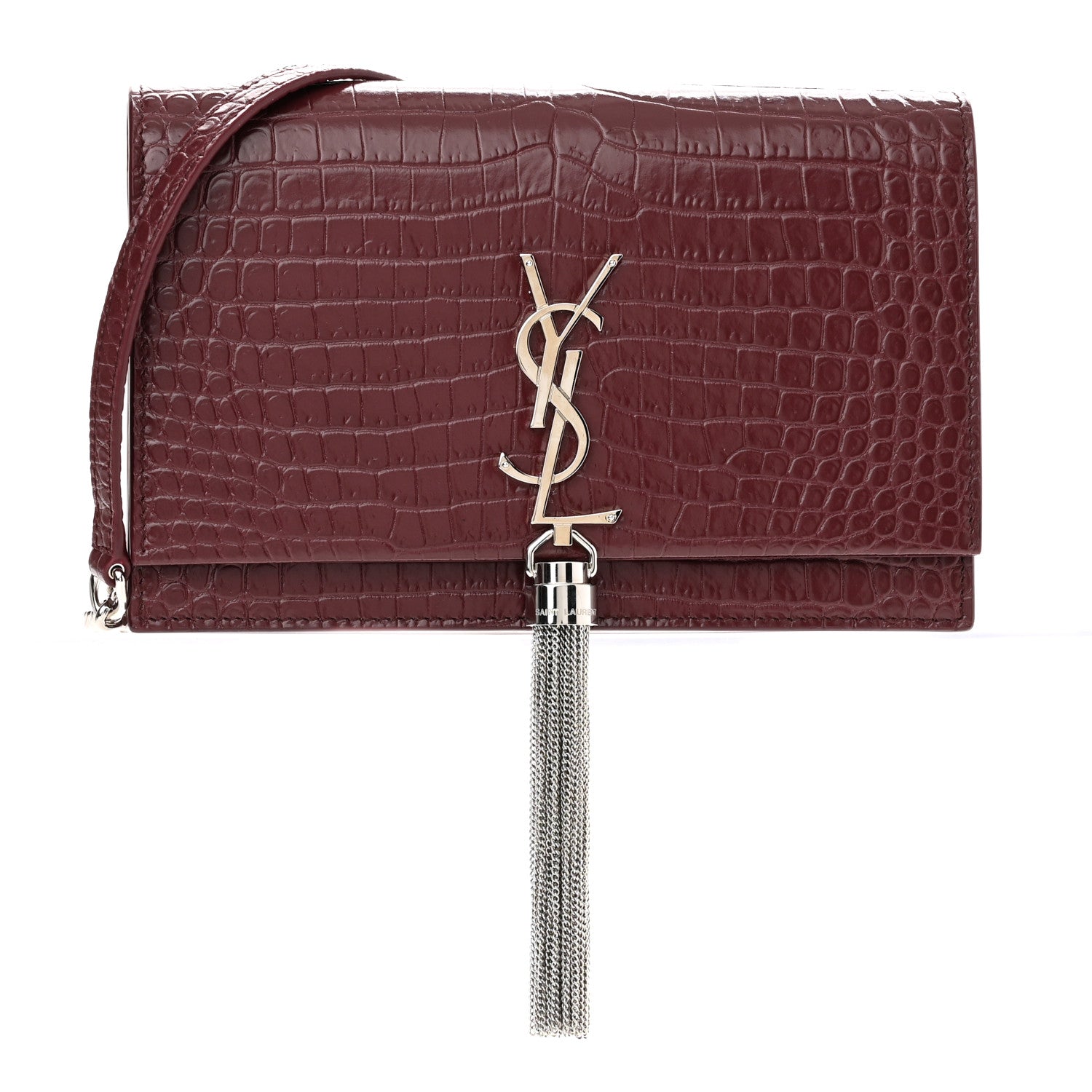 Saint Laurent Calfskin Crocodile Embossed Kate Monogram Tassel Chain Wallet Rouge Legion 1 of 9