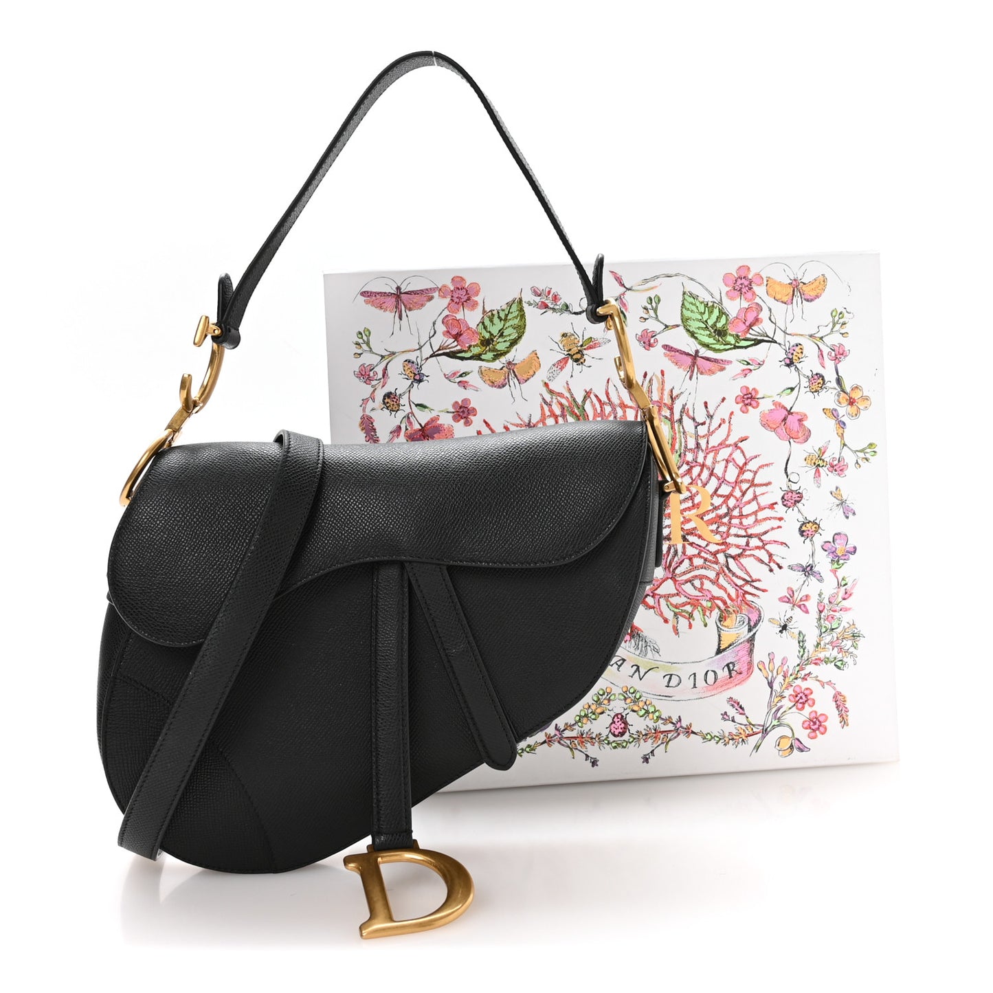 Grained Calfskin Saddle Bag With Strap Black