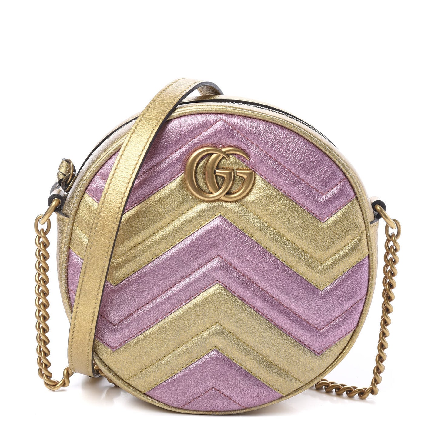 Metallic Calfskin Matelasse Mini GG Marmont Round Shoulder Bag Gold Pink