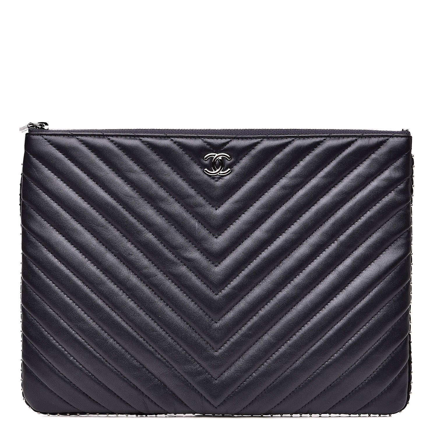 Chanel Calfskin Chevron Studded Quilted Medium Cosmetic Case Navy 1 of 11