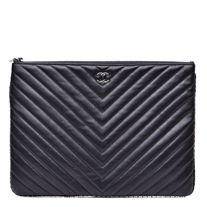 Chanel Calfskin Chevron Studded Quilted Medium Cosmetic Case Navy 1 of 11