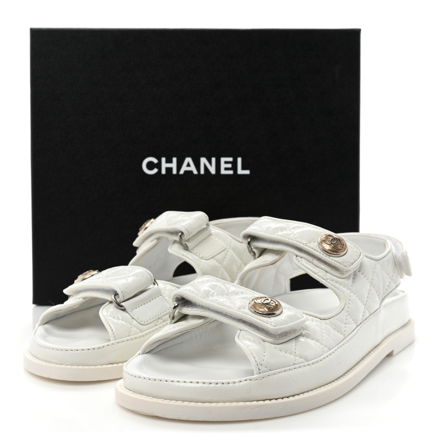 Chanel Laminated Lambskin Quilted Velcro Dad Sandals 37.5 White 15 of 15
