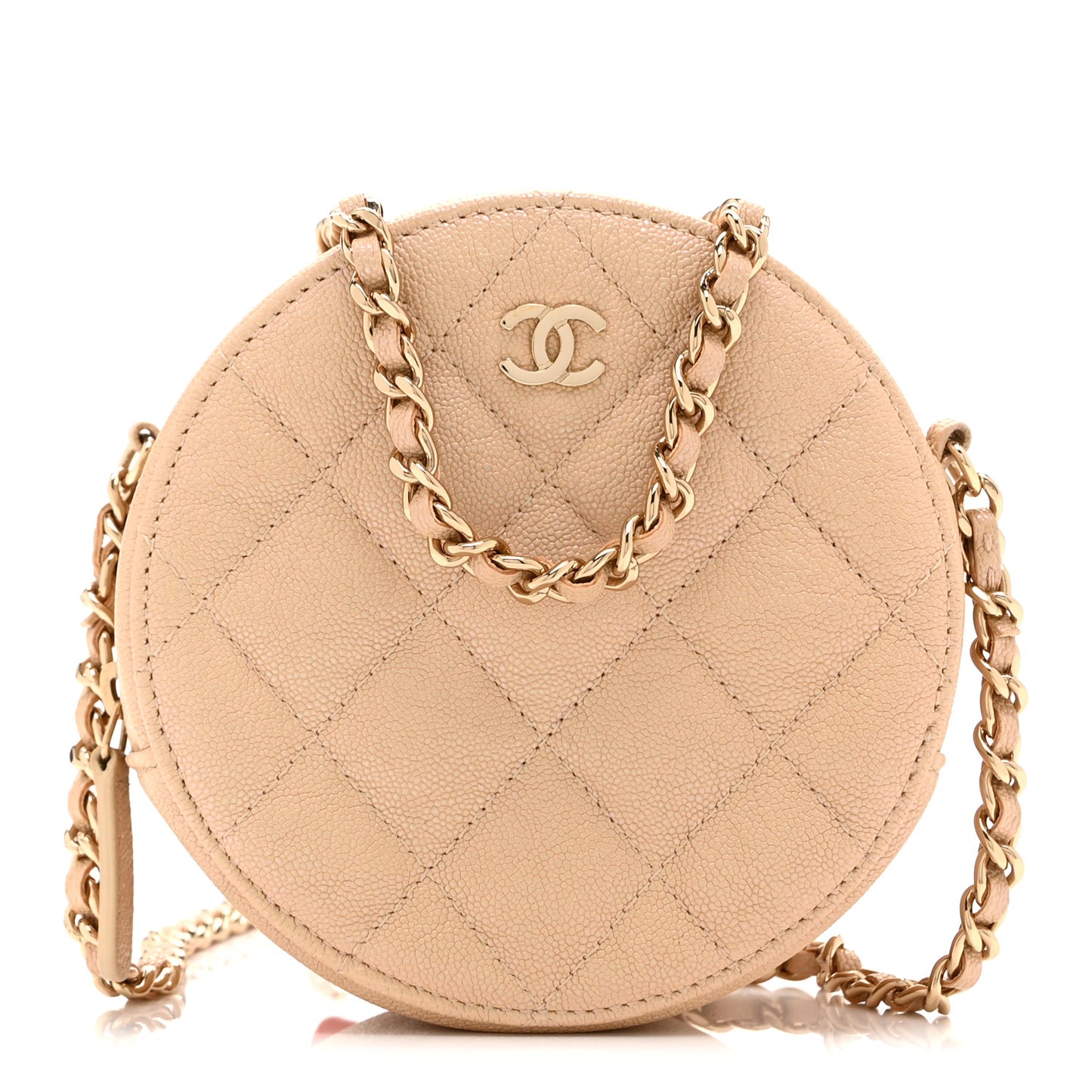 Iridescent Caviar Quilted Round Clutch With Chain Beige