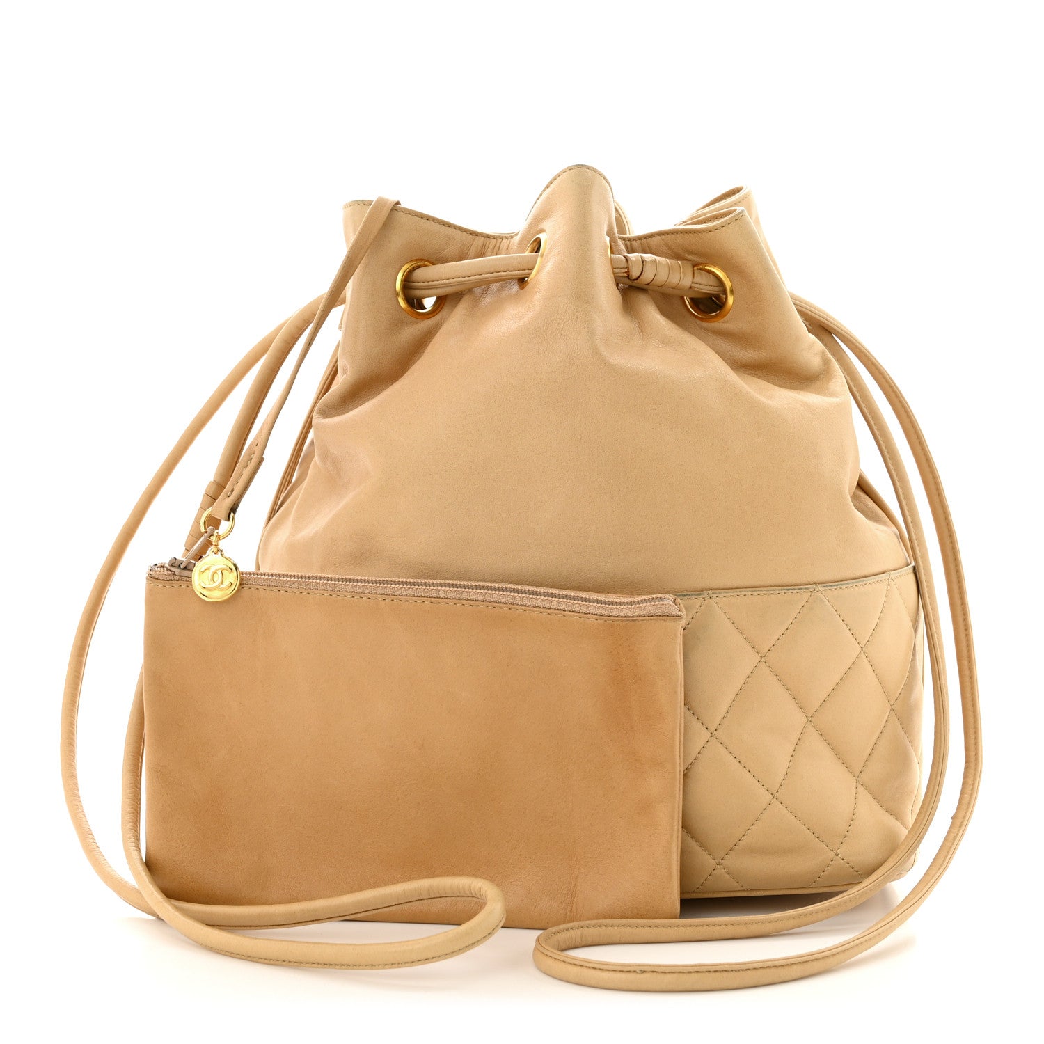 Chanel Lambskin Quilted Drawstring Bucket Bag Beige 1 of 13