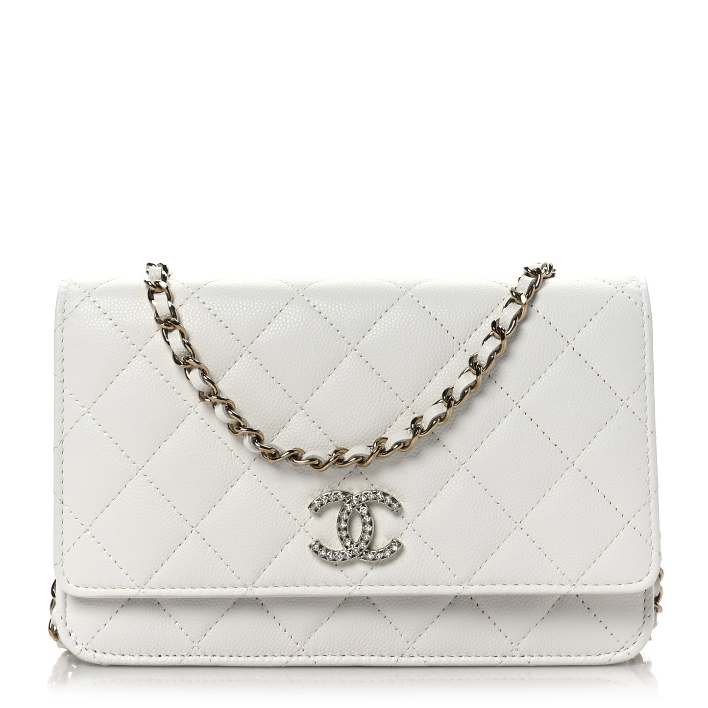 Shiny Caviar Quilted Strass Wallet On Chain WOC White