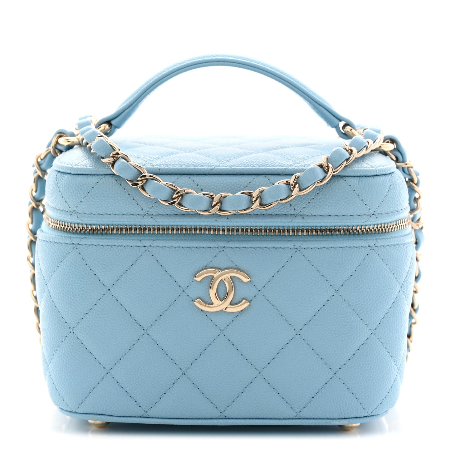 Caviar Quilted Top Handle Vanity Case With Chain Blue