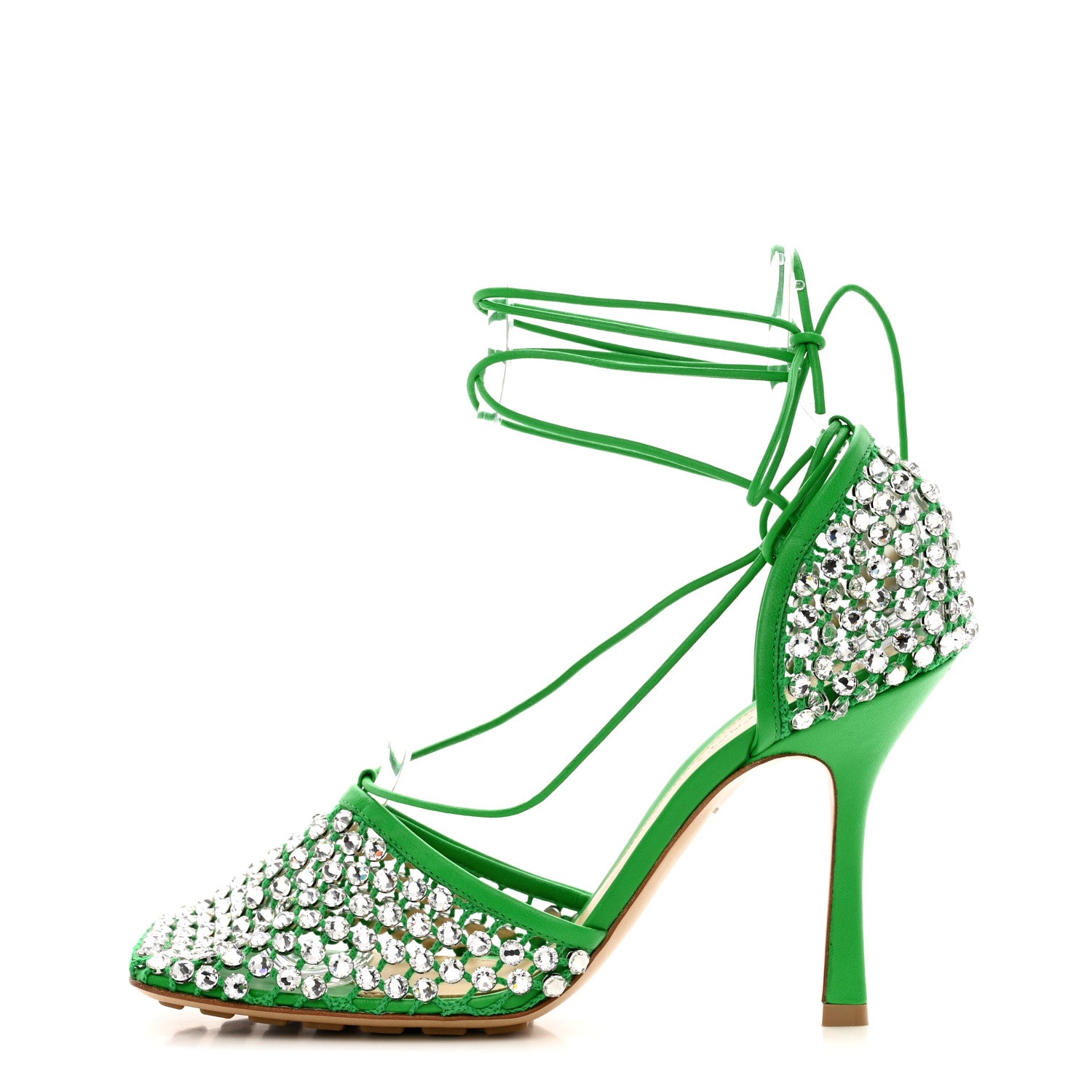 Bottega Veneta Mesh Nappa Crystal Embellished Sparkle Stretch Ankle Tie Sandals 40 Parakeet 1 of 13