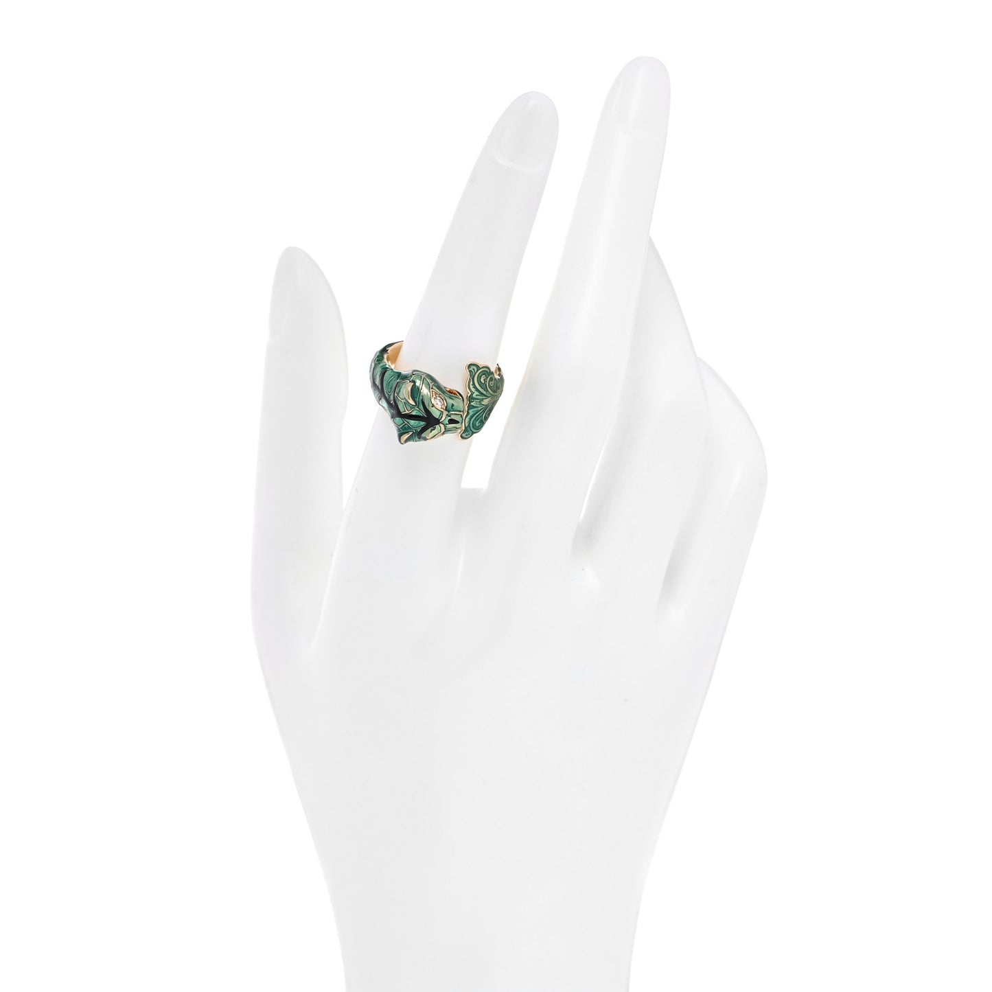 18K Yellow Gold Diamond Enamel Le Marche Des Merveilles Feline Ring Green 53 6.5