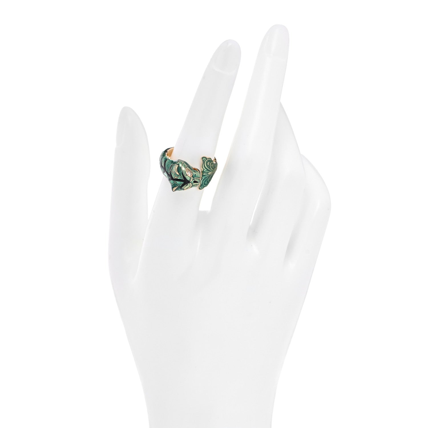 Gucci 18K Yellow Gold Diamond Enamel Le Marche Des Merveilles Feline Ring Green 53 6.5 2 of 6