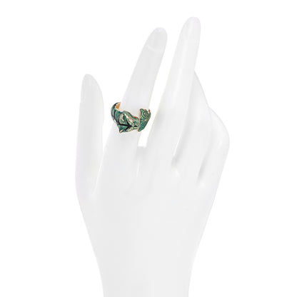 Gucci 18K Yellow Gold Diamond Enamel Le Marche Des Merveilles Feline Ring Green 53 6.5 2 of 6