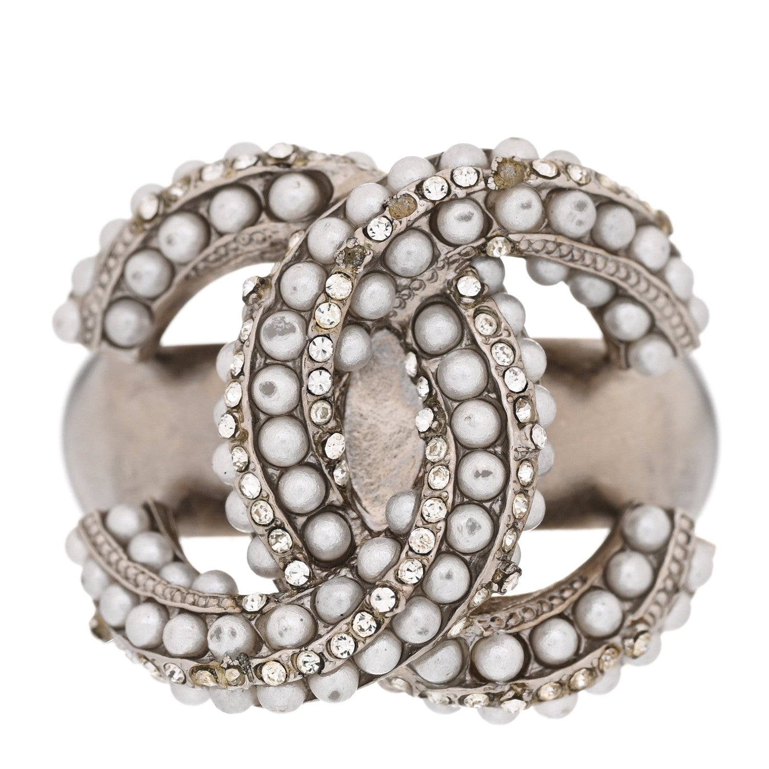 Chanel Crystal Pearl CC Ring 51 5.75 Silver 1 of 10