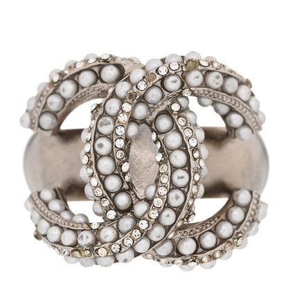 Chanel Crystal Pearl CC Ring 51 5.75 Silver 1 of 10