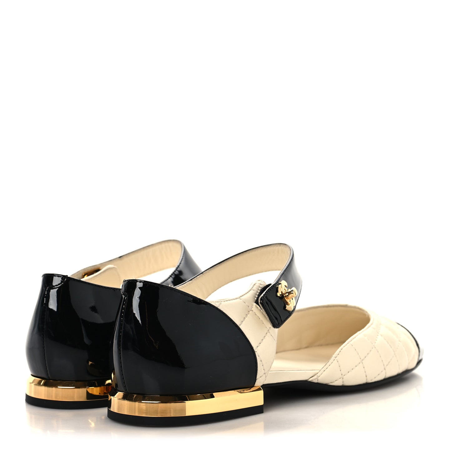 Patent Lambskin Quilted Cap Toe Ballerina Flats 37.5 Ivory Black