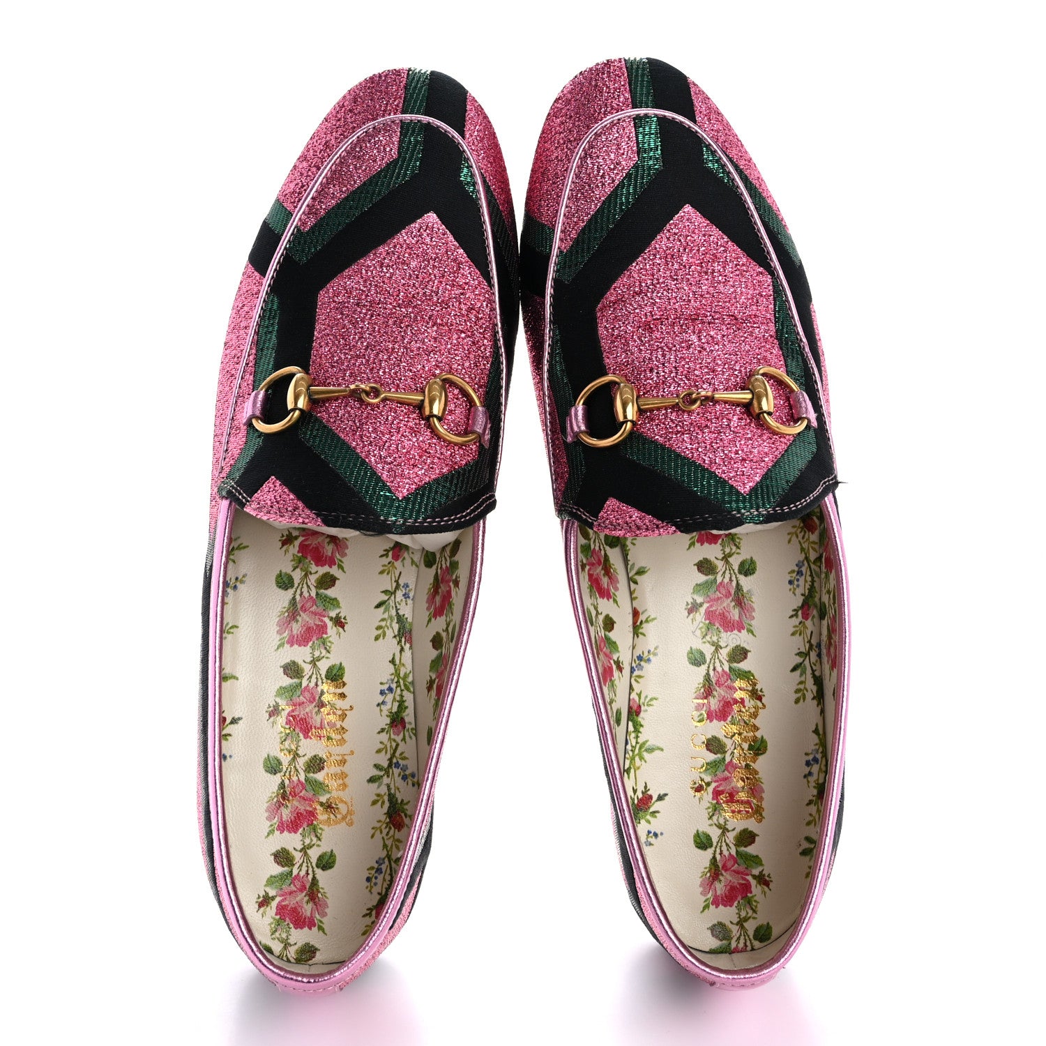 Gucci Metallic Jacquard Geometric Horsebit Womens Jordaan Loafers 37 Pink Green Black 2 of 13