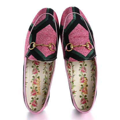 Gucci Metallic Jacquard Geometric Horsebit Womens Jordaan Loafers 37 Pink Green Black 2 of 13