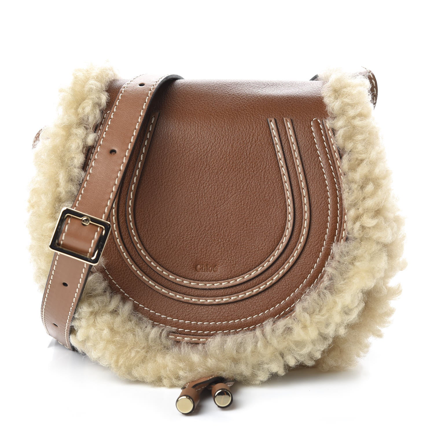 Chloe Small Grain Shiny Calfskin Shearling Small Marcie Round Crossbody Bag Caramel 1 of 9