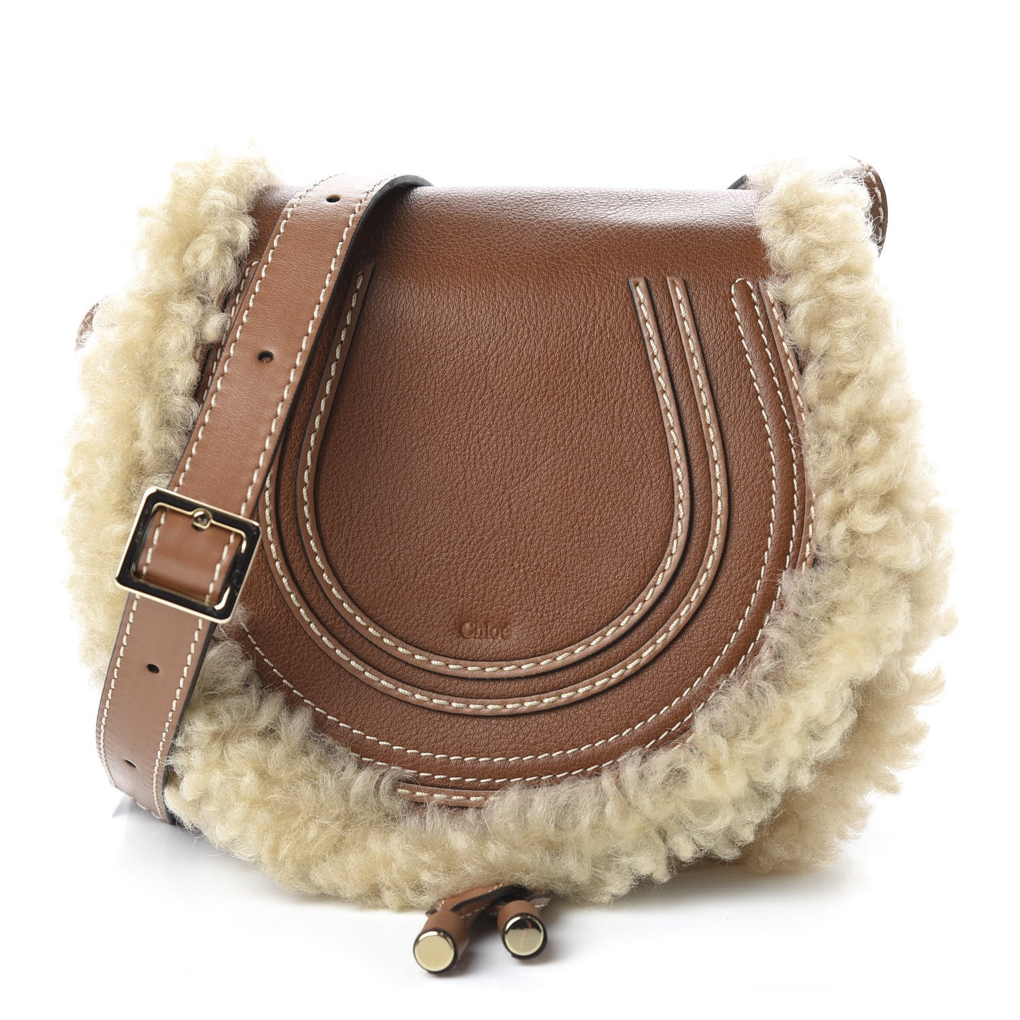 Small Grain Shiny Calfskin Shearling Small Marcie Round Crossbody Bag Caramel