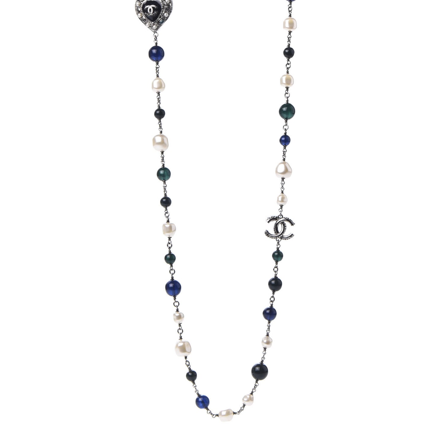 Pearl Resin Beaded CC Heart Long Necklace Ruthenium Multicolor