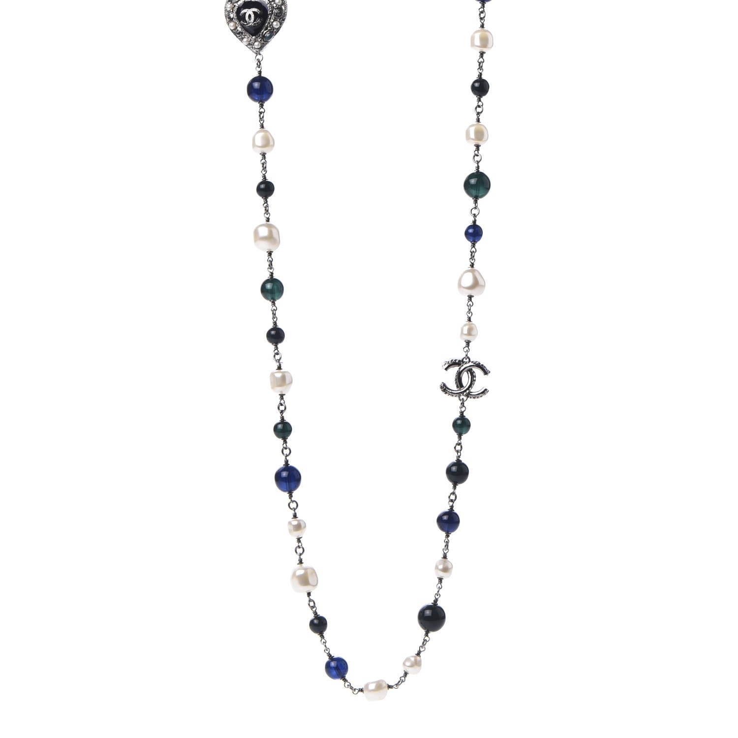 Chanel Pearl Resin Beaded CC Heart Long Necklace Ruthenium Multicolor 1 of 8