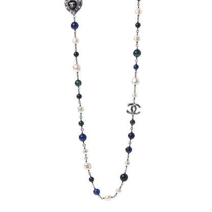 Chanel Pearl Resin Beaded CC Heart Long Necklace Ruthenium Multicolor 1 of 8