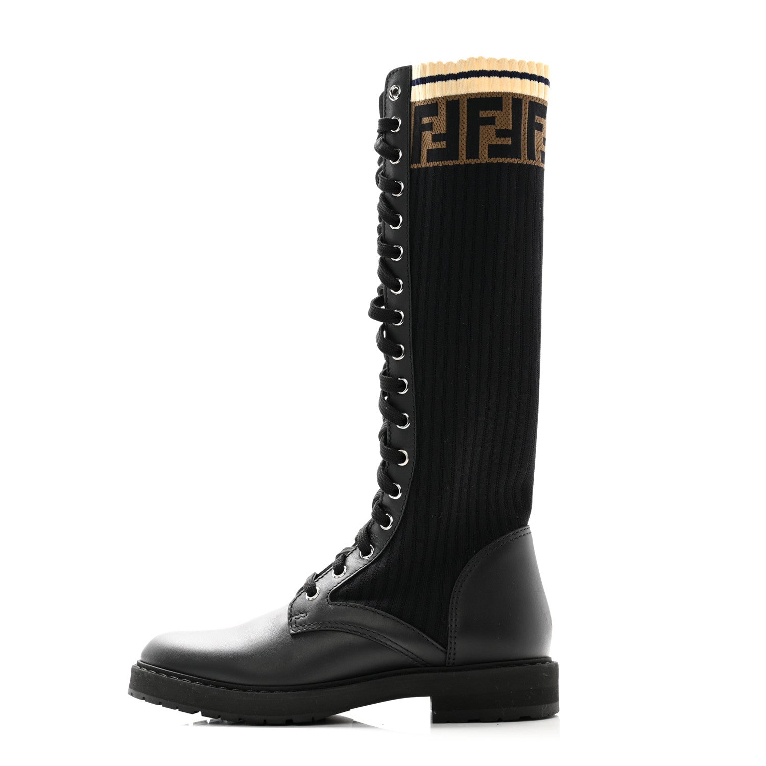 Fendi Calfskin Stretch Fabric FF Rockoko Tall Biker Boots 36 Tobacco Black Marino 1 of 7