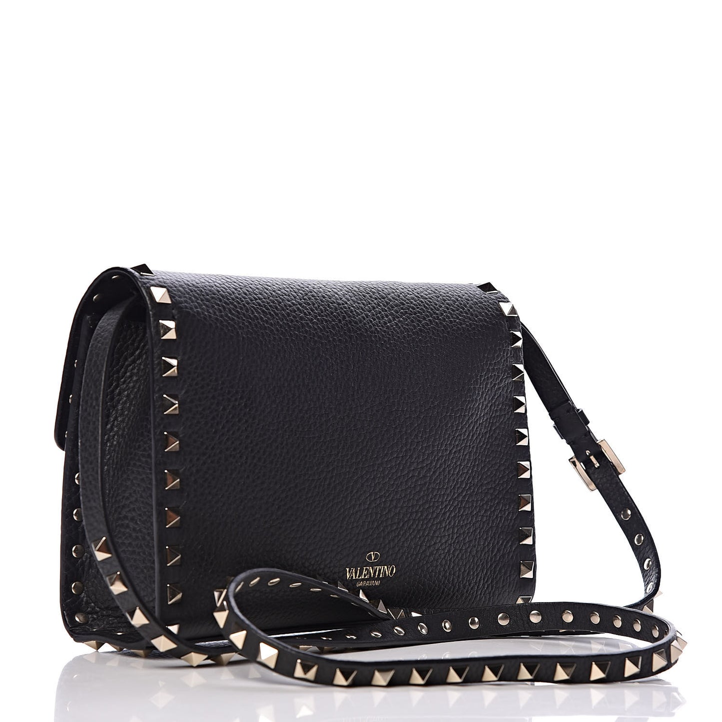 Pebbled Calfskin Medium Rockstud Flip Lock Crossbody Bag Black