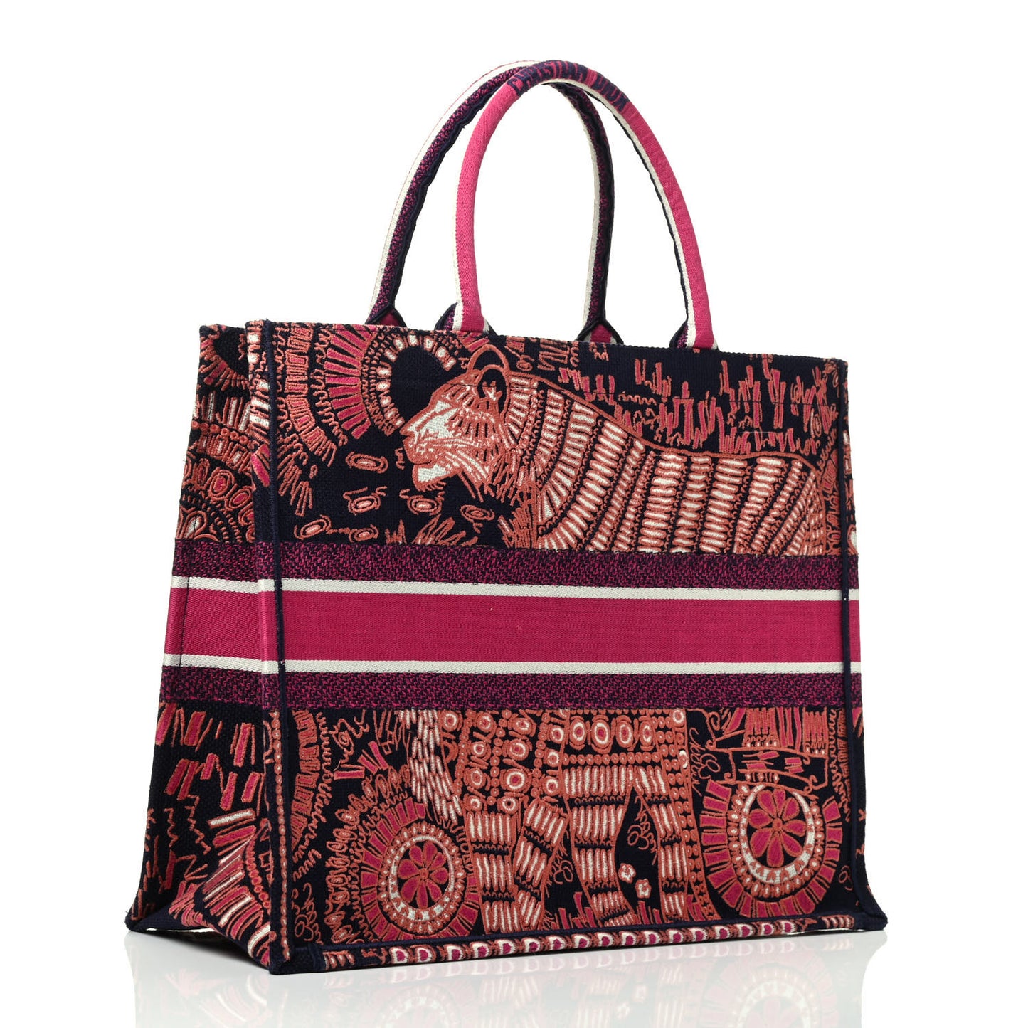 Canvas Embroidered Dior Animals Tiger Book Tote Deep Blue Fuchsia