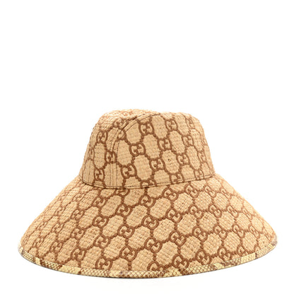 Gucci Raffia Elaphe GG Monogram Embroidered Wide Brim Hat Ivory Dark Brown 1 of 9