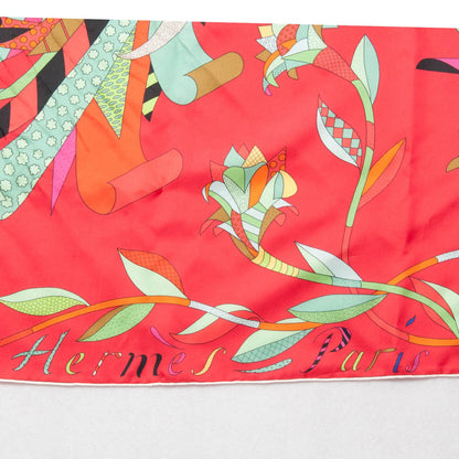 Hermes Silk Twill Paradis De Soie Giant Plume Scarf 140 Rouge Vert Fuchsia 2 of 6