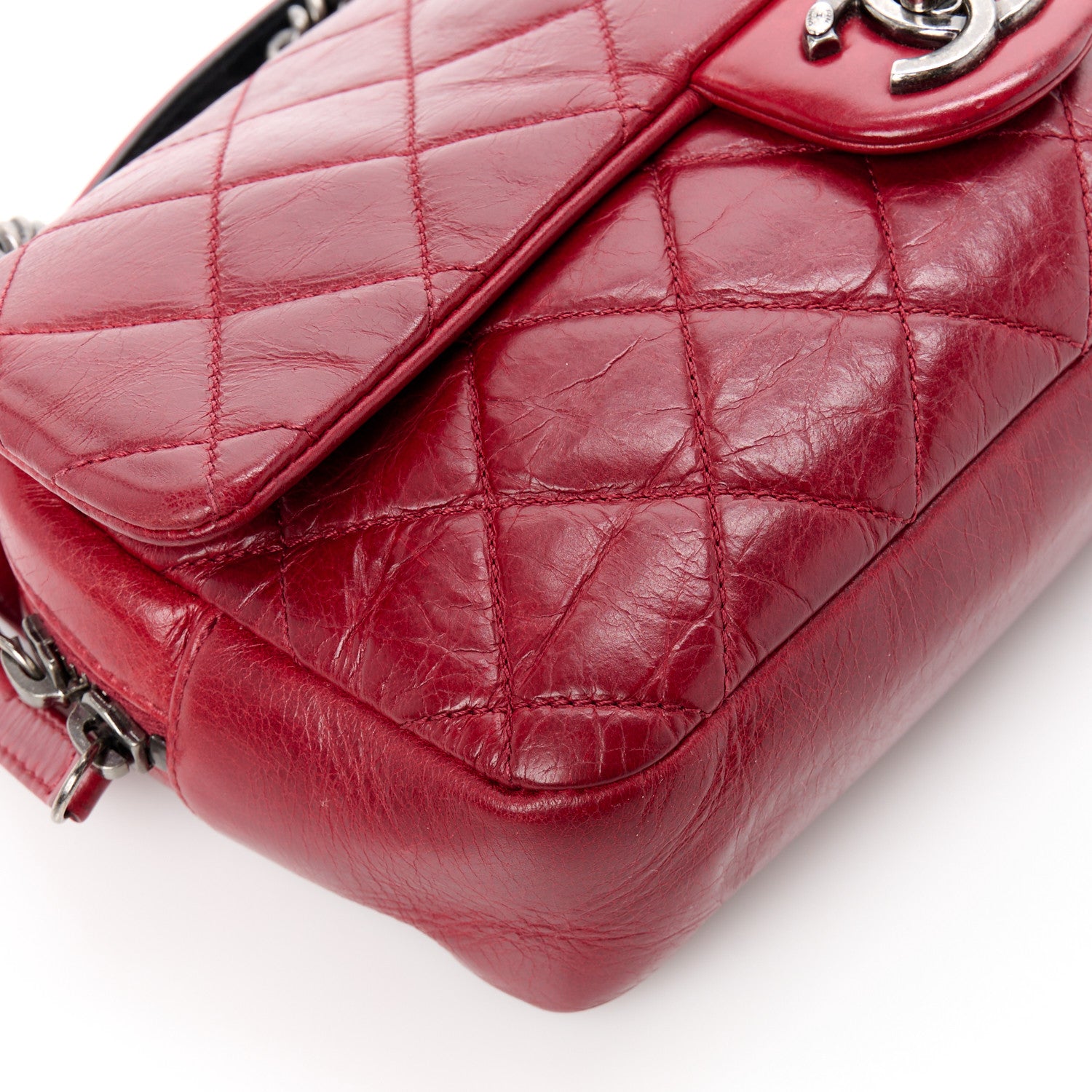 Chanel Glazed Calfskin Quilted Medium Duo Color Flap Dark Red 10 of 11